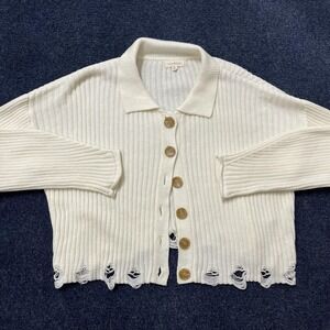 Promesa Cardigan Sweater Womens Small White Collared Button Distressed Hem